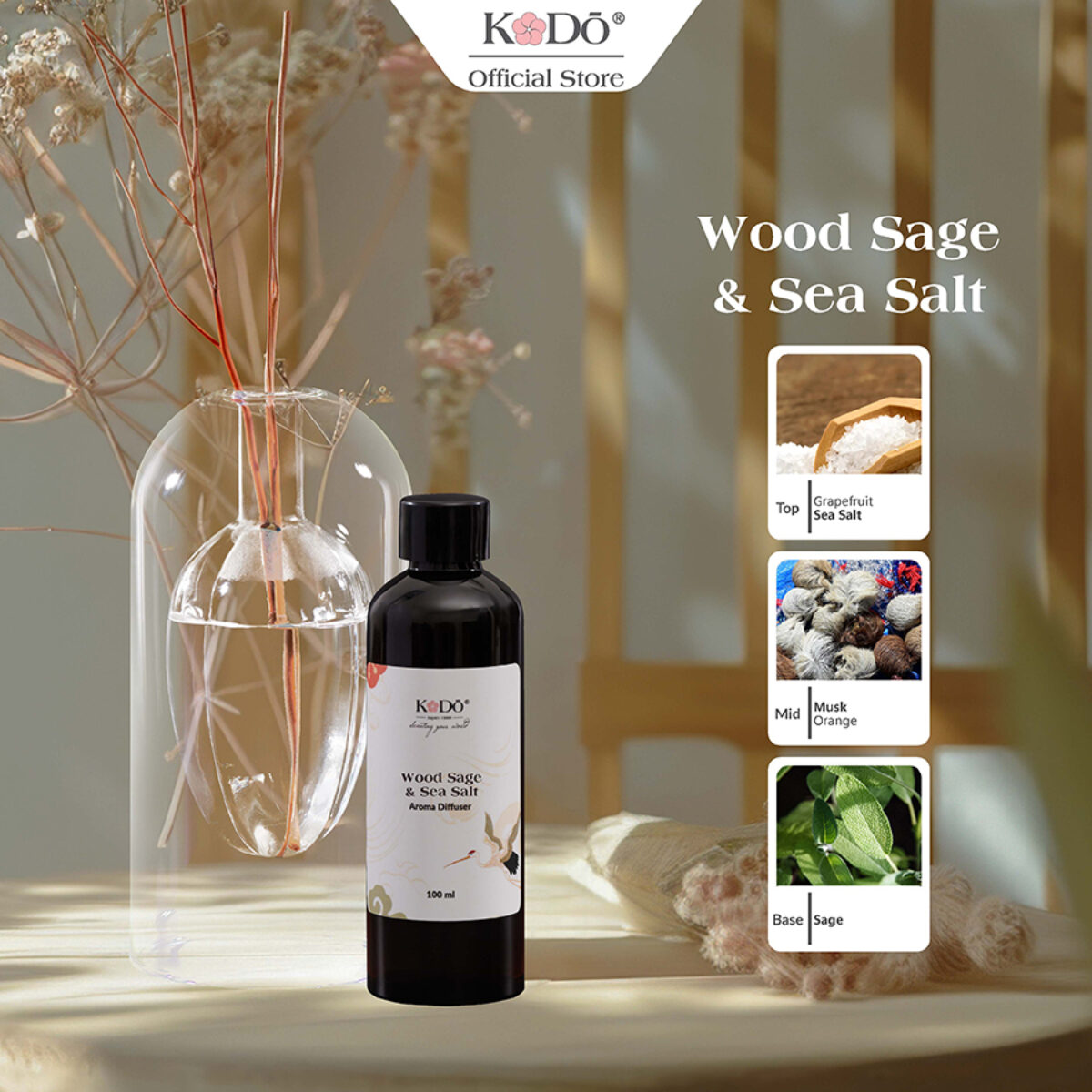 Wood Sage Sea Salt Perfume Essential Oil Diffuser Rod Set - Kodo